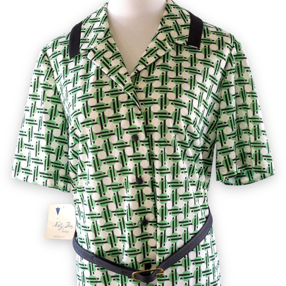 NWT Vintage 70s Geometric Print Green Black White A-line Shirt Dress Size 20.5 - Picture 5 of 16